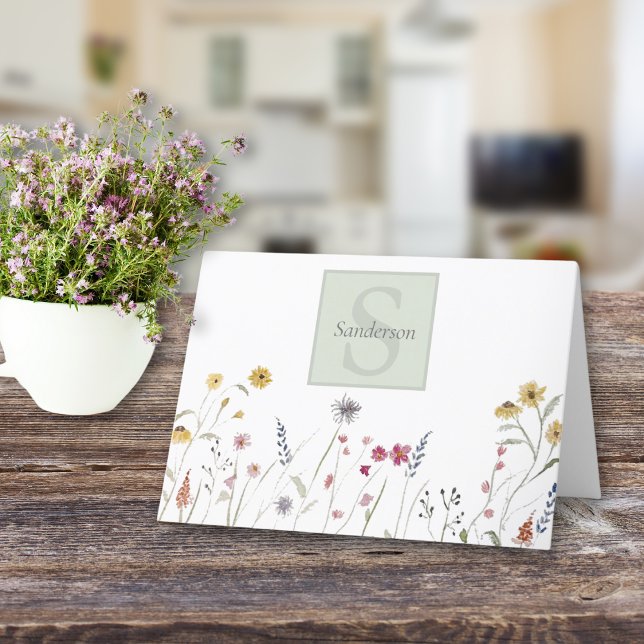 Monogrammad Watercolor Wildblomma Tack Kort (Skapare uppladdad)
