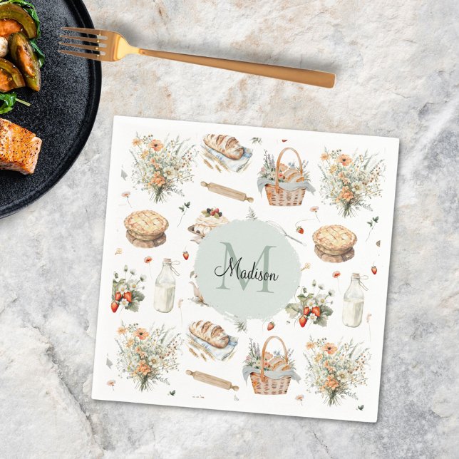 Monogrammad Whimsical Blommigt Strawberry Land Pappersservett (In situ)