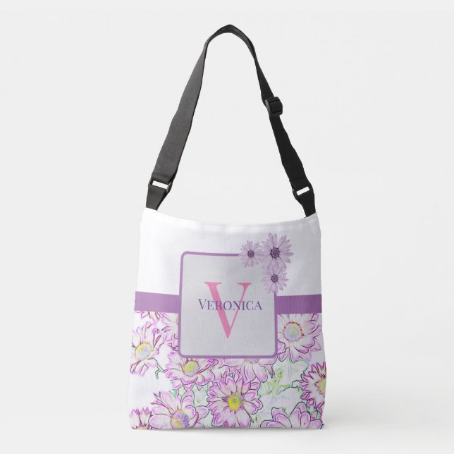 Monogrammad White and Lila Blommigt Tote Bag Axelväska (Framsida)