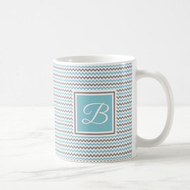 Monogrammad White Blue Grått Chevron Kaffemugg (Höger)