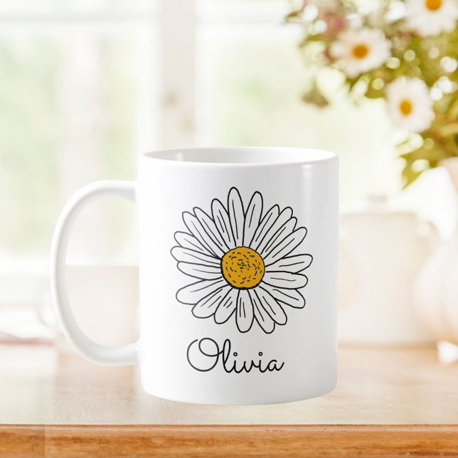 Monogrammad White Daisy Blommigt Doodle Kids Mugg (In situ Kitchen table)