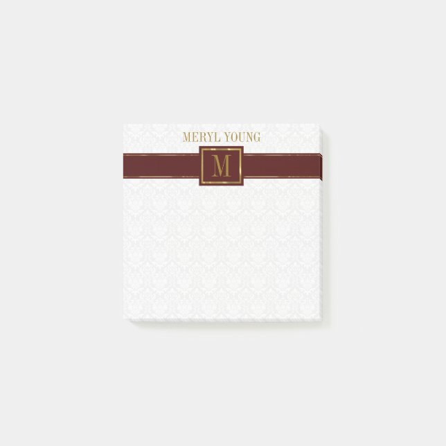 Monogrammad White Damask Brown Rand Post-it Block (Framsida)
