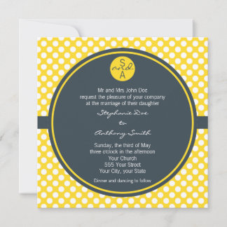 Monogrammad White, Gult och Charcol Polka Dot Inbjudningar
