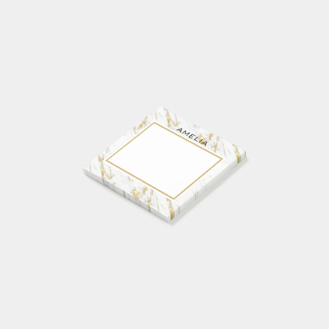Monogrammad White Marble Stone Guld Glitter Post-it Block (Vinklad)