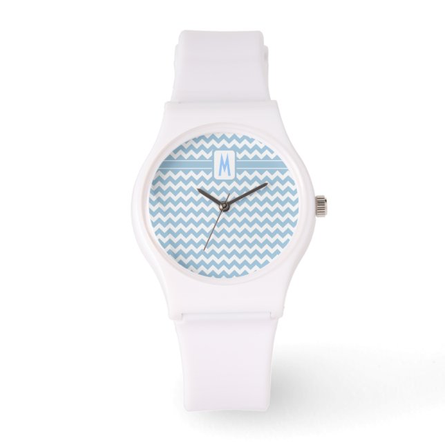 Monogrammad Wrist Watch: Blue and White Chevrons Armbandsur (Framsida)