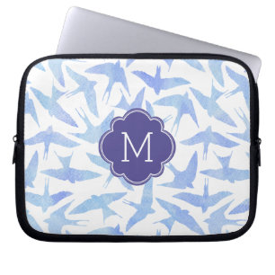 Monogrammade blå vattenfärgsfåglar Mönster Laptop Fodral