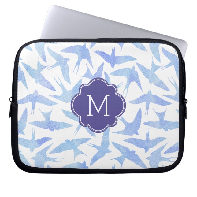 Monogrammade blå vattenfärgsfåglar Mönster Laptop Fodral (Framsidan)