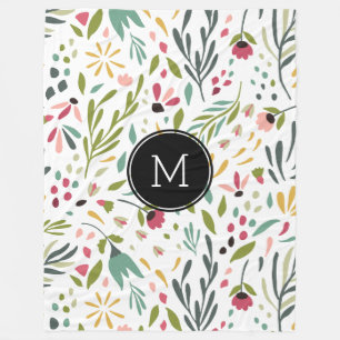 Monogrammade färgade botaniska blommor och Blad Fleecefilt