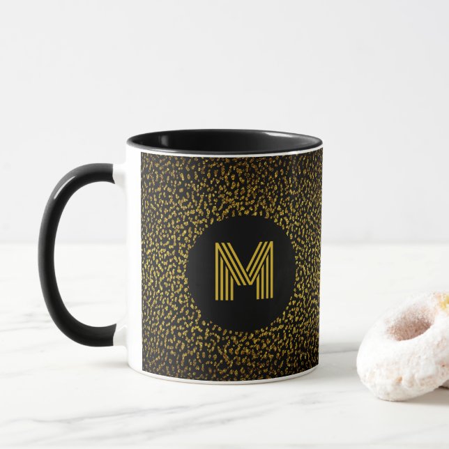 Monogrammade moderna gyllene prickar svart mugg (Med munk)