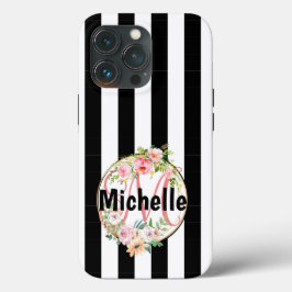 Monogrammade rosa blommor, svart och vitt rand