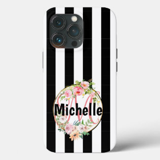 Monogrammade rosa blommor, svart och vitt rand