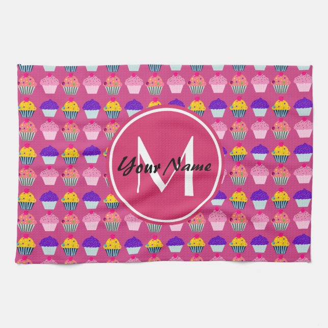 Monogrammade Rosa Muffinsar, Personlig Namn Kökshandduk (Horisontell)