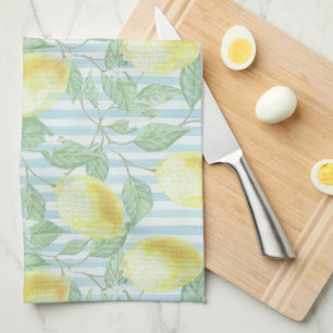 Monogrammade vattenfärgade citroner och blå Rand Kökshandduk