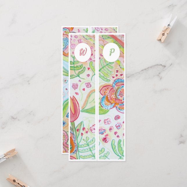 Monogrammade vitblommor två Bokmärken (Fram/Back In Situ)