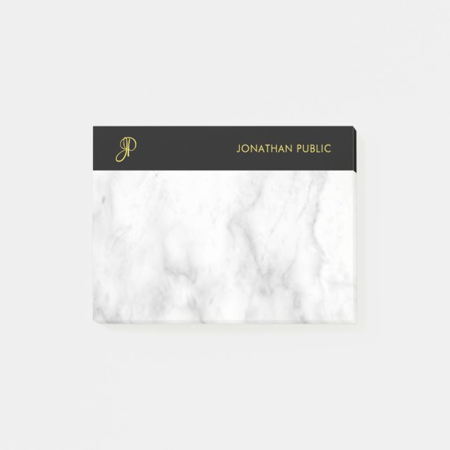 Monogrammallad mall vit marmor svart guld post-it block (Framsida)