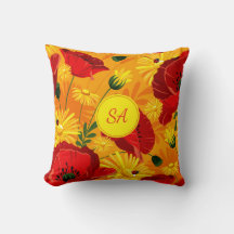 Monogrammat av gula blommor och röda vallmo