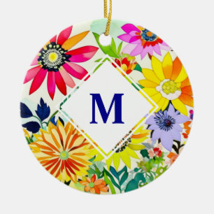 Monogrammat av vattenfärgade blommor julgransprydnad keramik