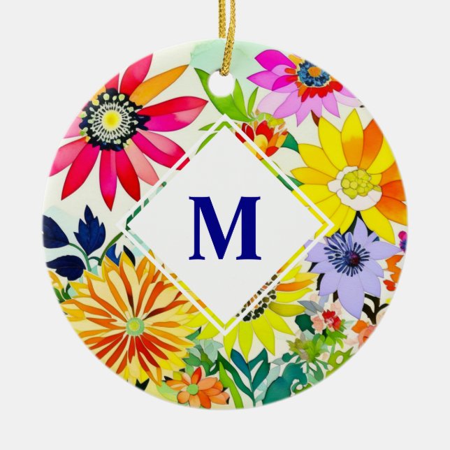 Monogrammat av vattenfärgade blommor julgransprydnad keramik (Framsidan)