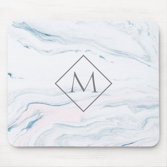 Monogrammat blått Grått och Rosa Marble Musmatta (Framsidan)