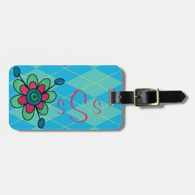 Monogrammat Blue & Aqua Argyle & Flower Bagagebricka (Horisontell Framsida)