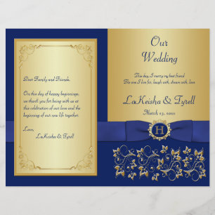 Monogrammat Blue, Guld Blommigt Bröllopsprogram