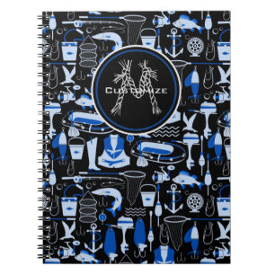 Monogrammat Borta fiske blått Mönster Anteckningsbok