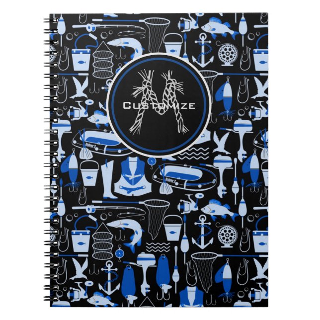Monogrammat Borta fiske blått Mönster Anteckningsbok (Framsidan)