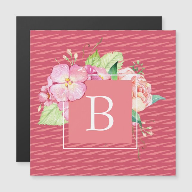 Monogrammat Feminine Girly Rosa Watercolor Magnet (Fram/baksida)