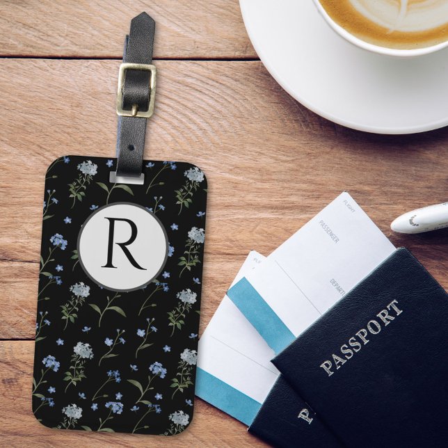 Monogrammat Glöm mig inte Blå Blommigt vattenfärg Bagagebricka (In situ)