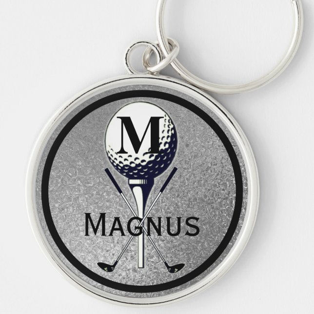 Monogrammat Golf Tee Silver Rund Silverfärgad Nyckelring (Framsidan)
