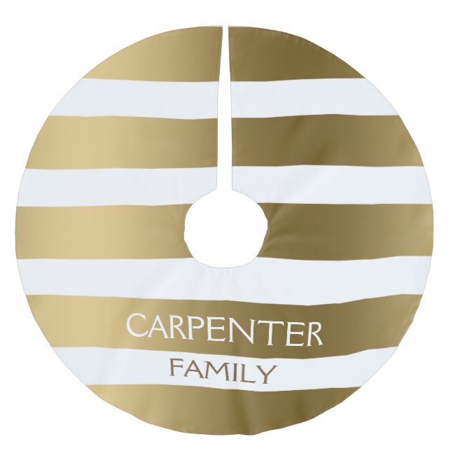 Monogrammat Guld och Vita Vågrät Rand Julgransmatta Borstad Polyester (Framsidan)