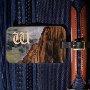 Monogrammat målning av Rocky mountains med vattenf Bagagebricka