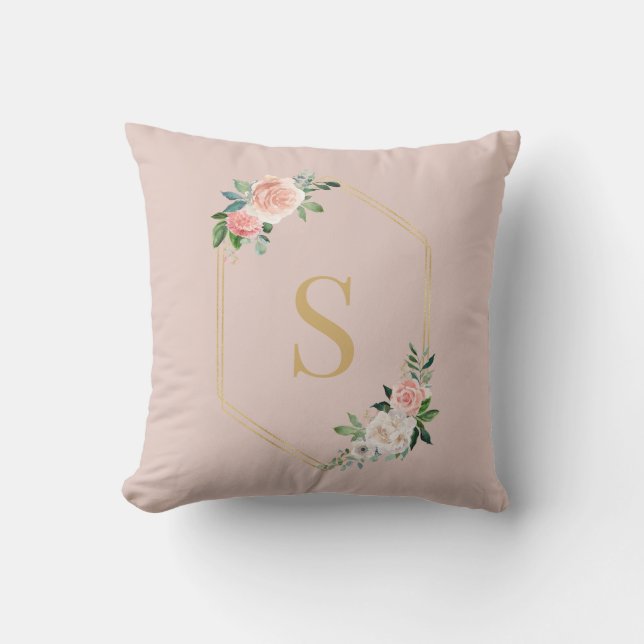 Monogrammat med Guld Rosa Blommigt elegant  Kudde (Framsida)