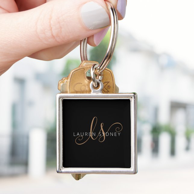 Monogrammat med modern svart Guld-latin Fyrkantig Silverfärgad Nyckelring (Skapare uppladdad)