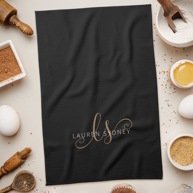 Monogrammat med modern svart Guld-latin Kökshandduk (Skapare uppladdad)