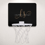 Monogrammat med modern svart Guld-latin Mini-Basketkorg<br><div class="desc">Modern Black Guld Feminine Script Monogrammed Basketball Ring. Anpassa enkelt den här moderna elegantens basketboll ring med ditt anpassningsbar monogram och namn.</div>