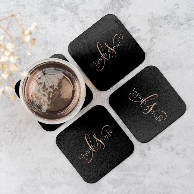 Monogrammat med modern svart Guld-latin Underlägg Papper Kvadrat (Skapare uppladdad)