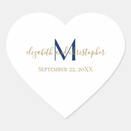 Monogrammat Namn Initialer Blue Guld Bröllop Hjärtformat Klistermärke