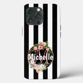 Monogrammat svart och vitt rand med rosa blomma