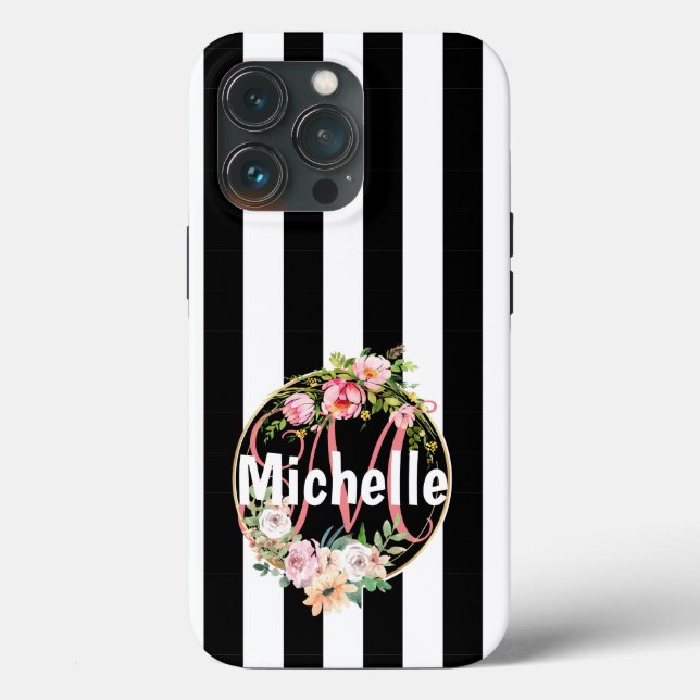 Monogrammat svart och vitt rand med rosa blomma (Baksida )