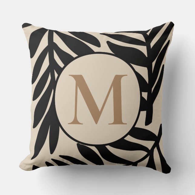 Monogrammat, svartvit Handflatan Löv Kudde (Framsida)