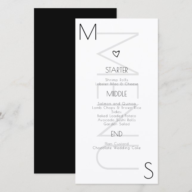Monogrammatiserad hjärtbröllopsmeny i svart och vi (Fram/baksida)