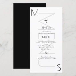 Monogrammatiserad hjärtbröllopsmeny i svart och vi