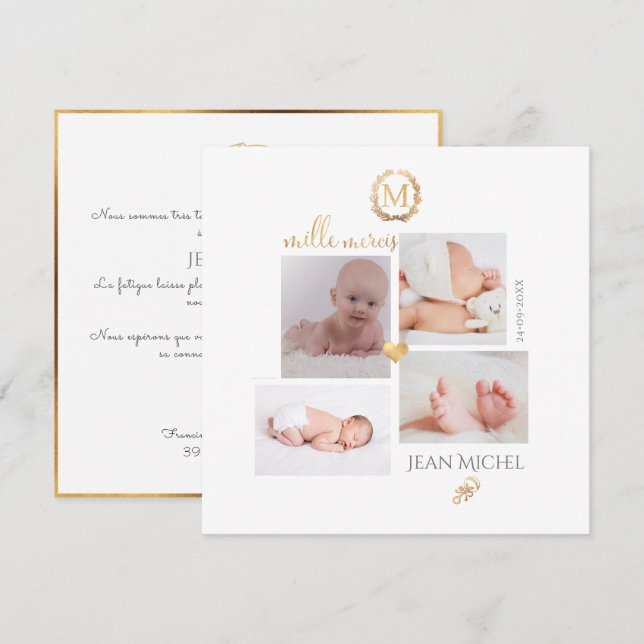 Monogramme de bricolage en D'or Remerciement kort (Fram/baksida)