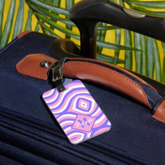 Monogrammed 70-tal Groovy rosa & lila psychedelic Bagagebricka (Framsida Insitu 1)