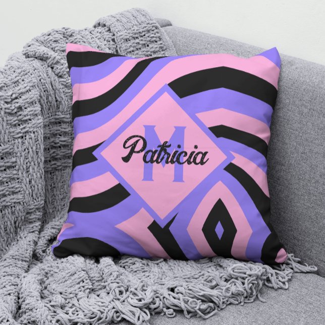 Monogrammed 70-talets rosa och lila psychedelic Bl Kudde (Skapare uppladdad)