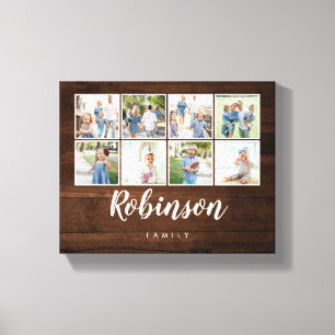 Monogrammed 8 Photo Family Collage Rustic Wood Canvastryck