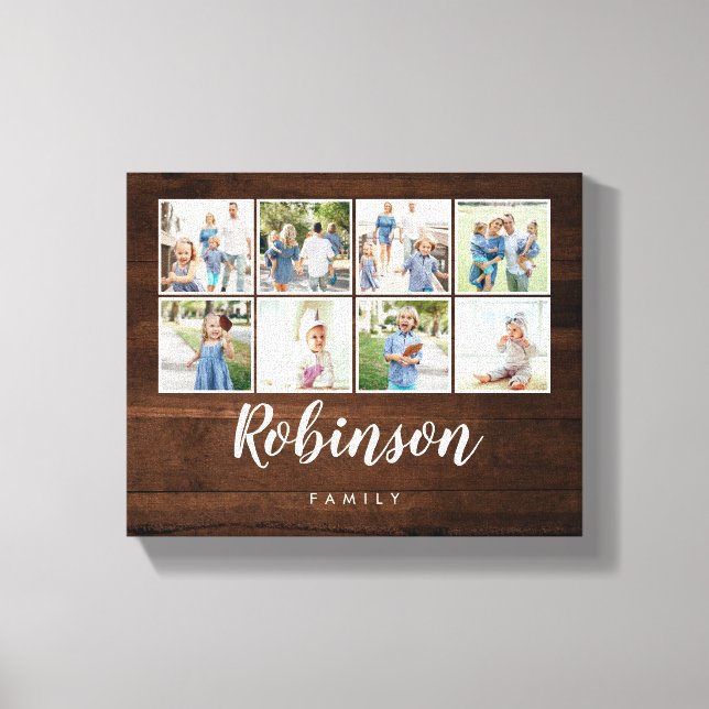 Monogrammed 8 Photo Family Collage Rustic Wood Canvastryck (Framsida)