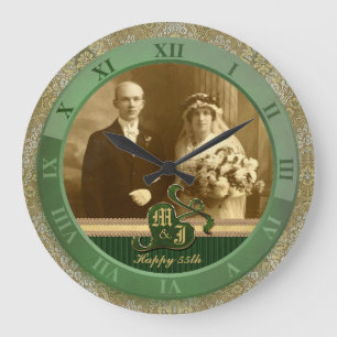 Monogrammed antikt damastast guldgröntbröllop stor klocka