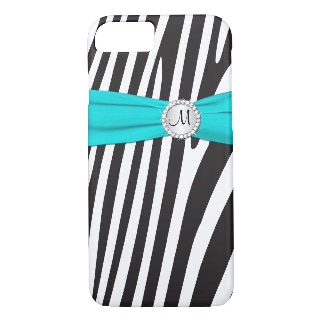 Monogrammed Aqua, Black, White Zebra Stripe Case-Mate iPhone Skal (Baksida)